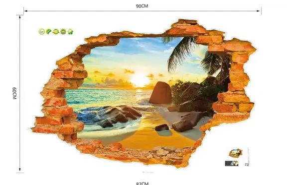 3D разбитая стена закат пейзаж Морской пейзаж остров кокосовые пальмы домашнее украшение можно удалить наклейки на стену - Цвет: HM18024D
