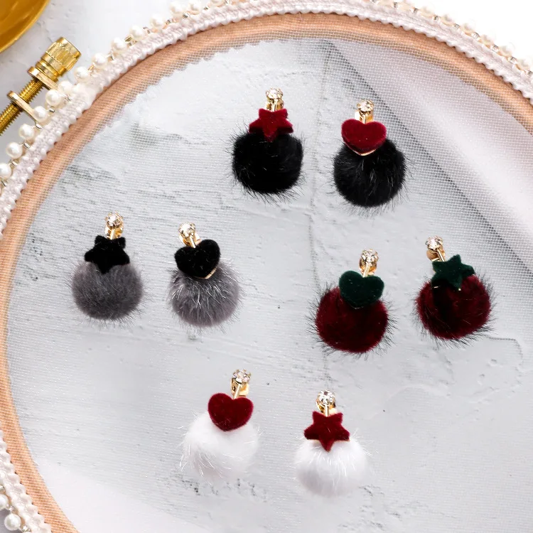 

3pairs/lot Korean version compact heart Star asymmetric velvet Earrings sweet cute color matching ball Earrings