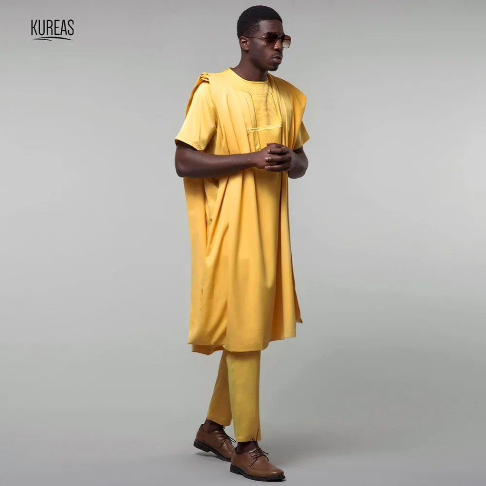 Kureas Африканский Agbada традиционный Мужской комплект из 3 предметов с короткими рукавами Дашики костюм желтый Бубу африканская Роба формальный наряд