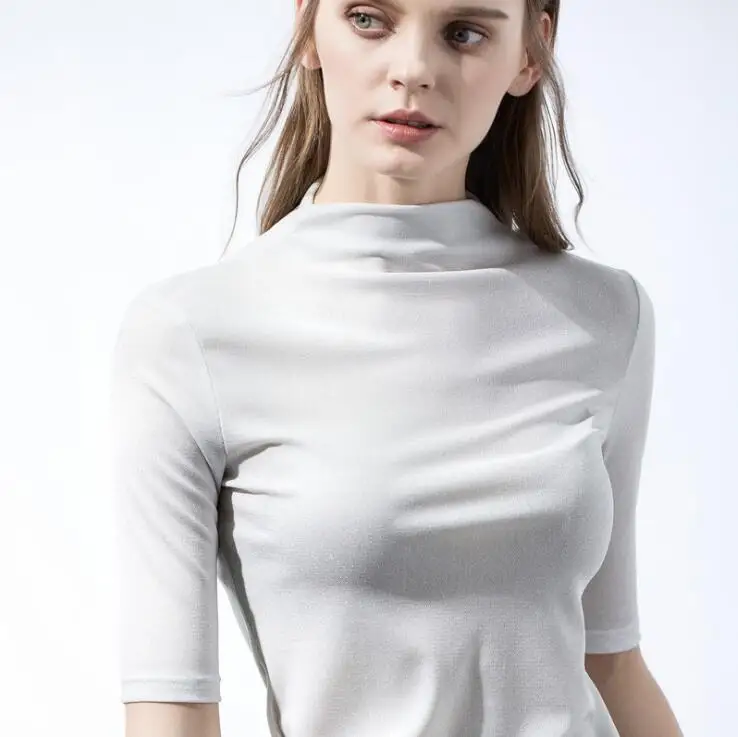 Moda Jihan, женские футболки, блестящая Высокая водолазка, короткий рукав, топы, футболки, очаровательные, для девушек, приталенные рубашки, базовые, Осенние, женские футболки - Цвет: Белый