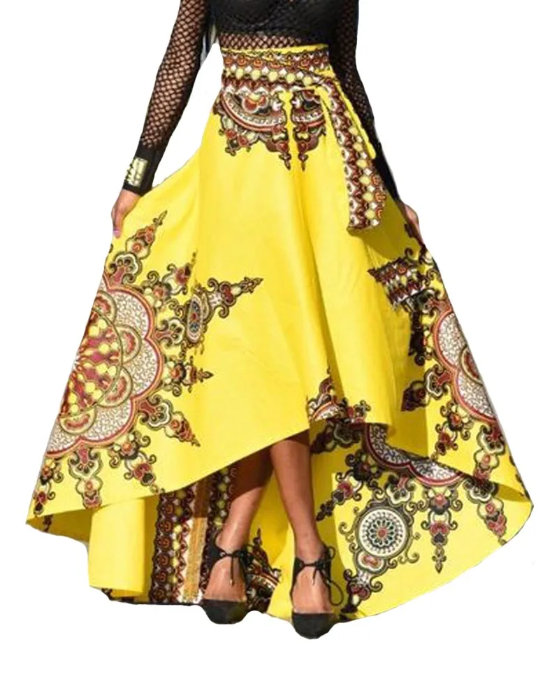 

Hitmebox 2019 Women Fashion African Customs Print High Waist Asymmetric Long Maxi Ball Gown Big Swing Low Cut Hem Skater Skirts