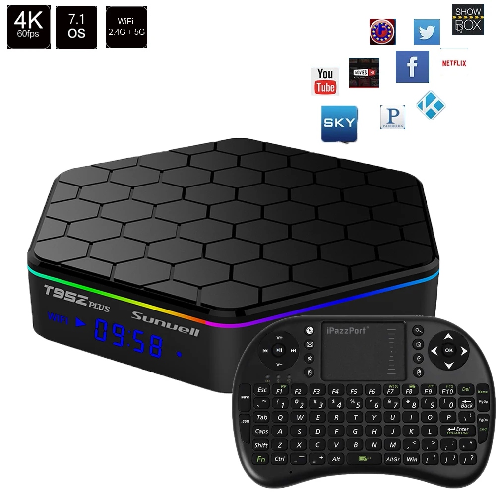 

Sunvell T95Z Plus Android 7.1 Smart Box Amlogic S912 Octa Core 4K x 2K H.265 Decoding 2.4G+5G Dual Band WiFi Media Player TV Box