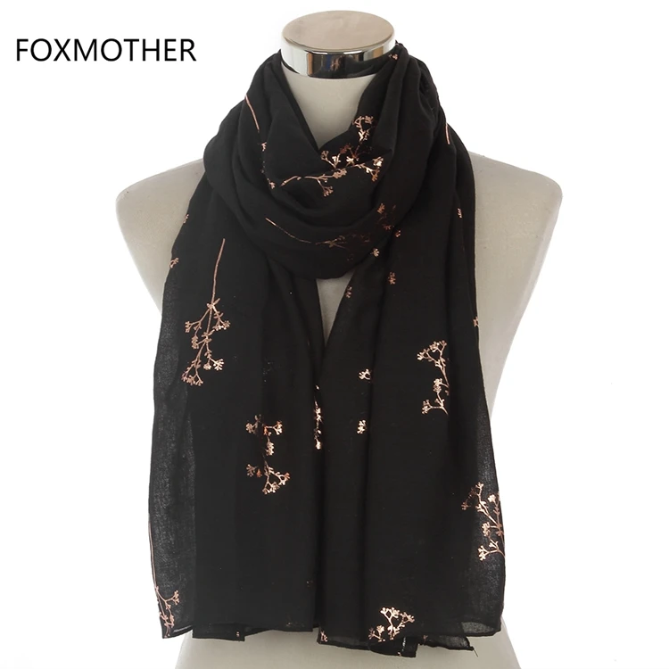 FOXMOTHER дизайн женский черный серый красный металлическая Золотая фольга блестящие цветочные шали шарф для женщин - Цвет: Черный