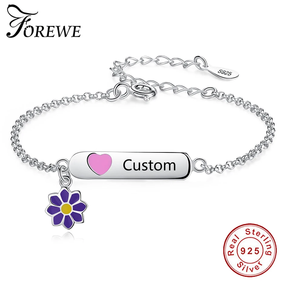 

Forewe Engrave Name Bracelet 925 Sterling Silver Customized Enamel Flower for Children gift DIY Jewelry Making