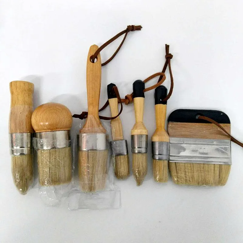 

DIY 7PC Wooden Handle Chalk Paint Pointed Brush Bristle Chalk Oil Painting Wax Brush Artist Art Supplies Hand tool set free sh