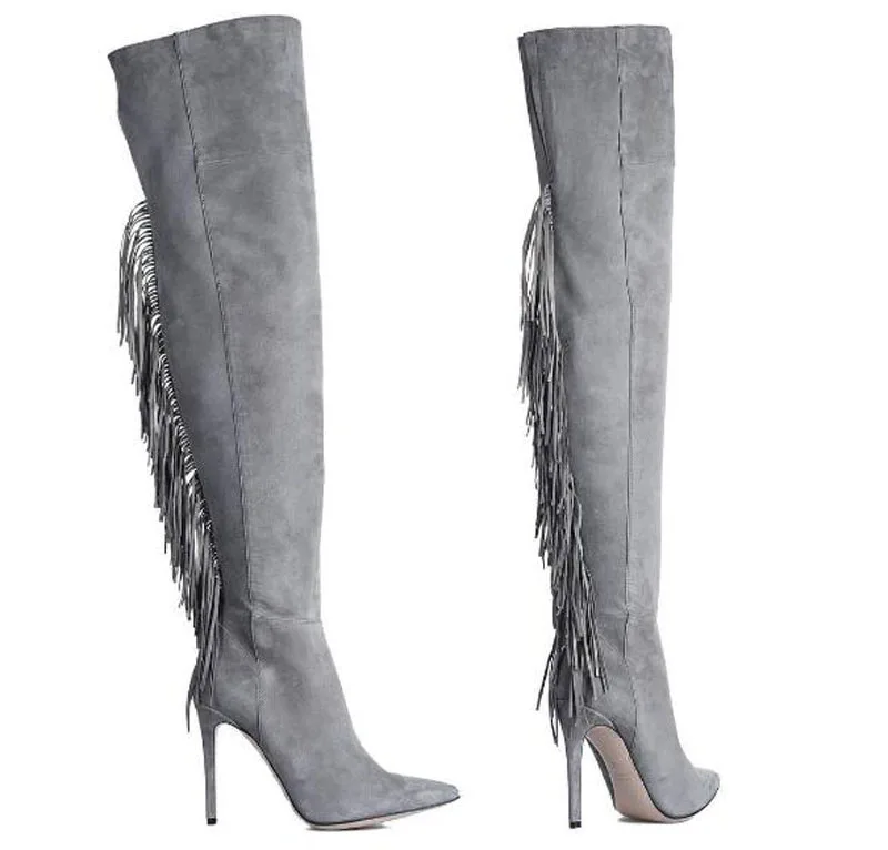 

Hot Selling Women Fashion Pointed Toe Suede Leather Over Knee Tassels High Heel Boots Sexy Long Thigh Fringes Boots