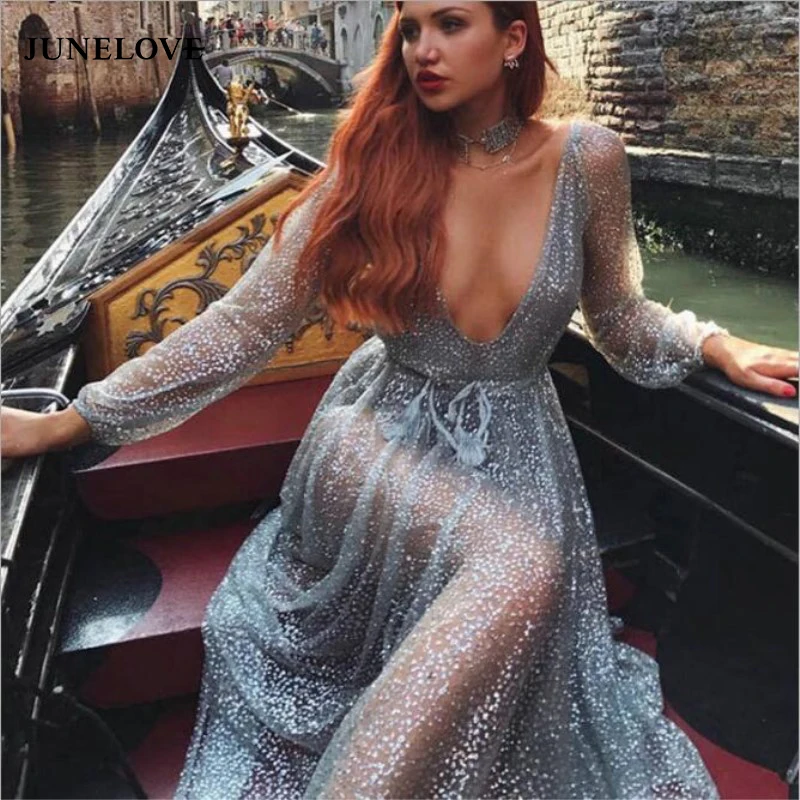 

Silver Sexy Party Dress Hot Sequined Dress Women Mesh Overlay Maxi Dress Summer Backless Long Sleeve V-neck Dress Vestidos