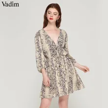 Vadim women sexy V neck snake pattern dress elastic waist three quarter sleeve pleated buttons casual mini vestidos QA423