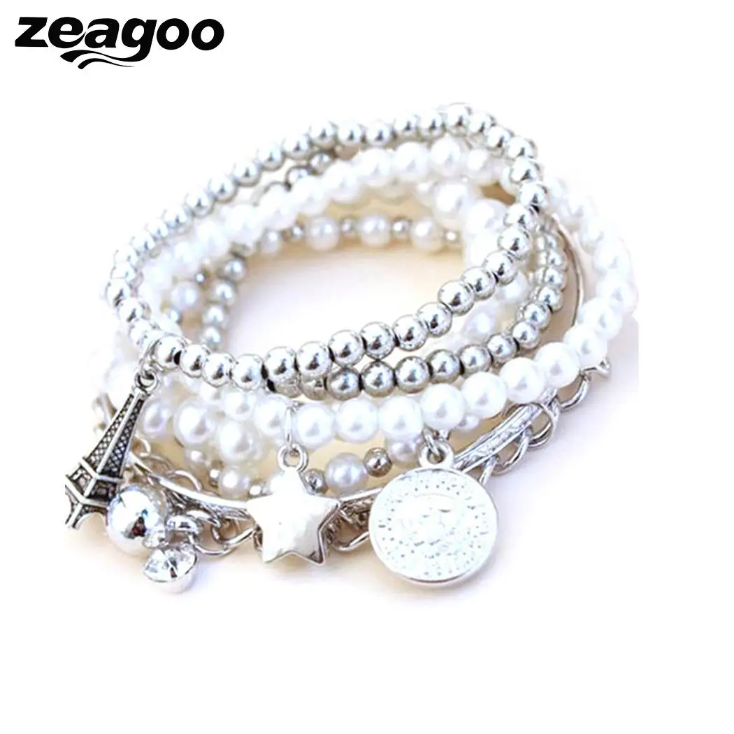 

Coins Bracelet Multi-pearl Retro Combination Style Charm Multi-layer Women Tower