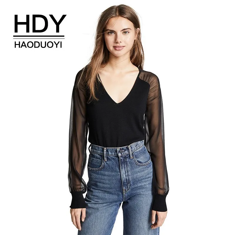 

HDY Haoduoyi Fashion Solid Office Lady Tops 2019 Summer Breaf Mesh Sleeve Patchwork Tees Sexy V-neck Pullover T-shirt