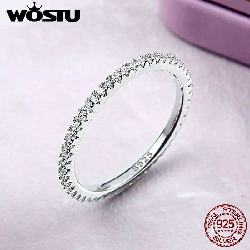 WOSTU Hot Sale 925 Sterling Silver Geometric Round Clear CZ Circle Finger Ring For Women Engagement Jewelry Gift FIR066