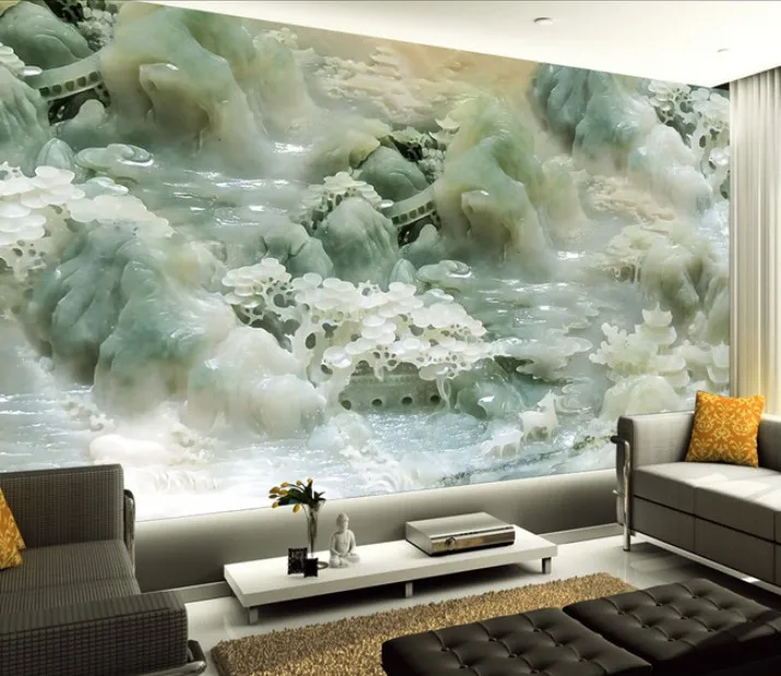 

Customized wallpaper mural 3D Chinese pattern with jade carving behind sofa as background in living room