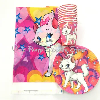 

21pcs/lot Marie Cat Disposable Tableware Set Cartoon Pink Cat The Aristocats Birthday Baby Shower Cup Plate Decoration Supplies