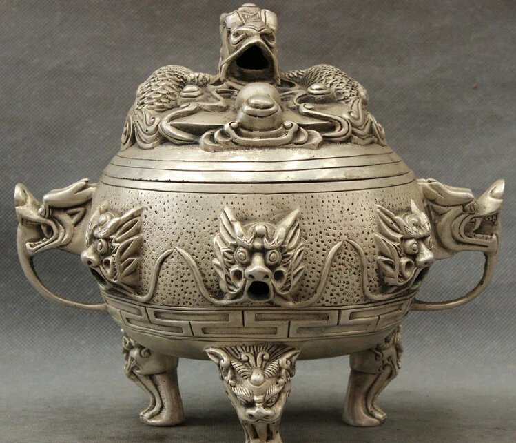 

JP S0608 8" Tibet Copper Silver Buddhism 9 Dragon Head Statue Lion Incense Burner Censer Discount 35%