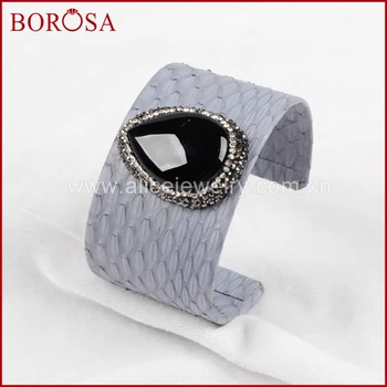 

BOROSA 3pcs Snake Skin Cuff Bangles With Drop Obsidian Stone Paved Black Zircons Drusy Gems Bangles Jewelry JAB496