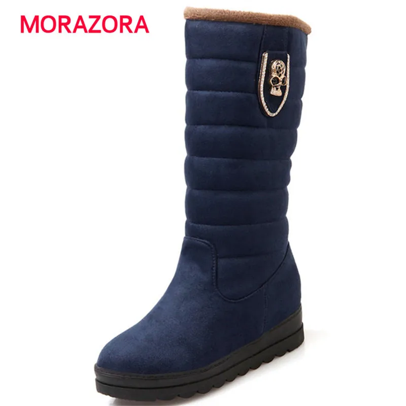 

MORAZORA 2018 new fashion round toe high heel snow boots autumn winter height increasing platform boots slip on mid calf boots