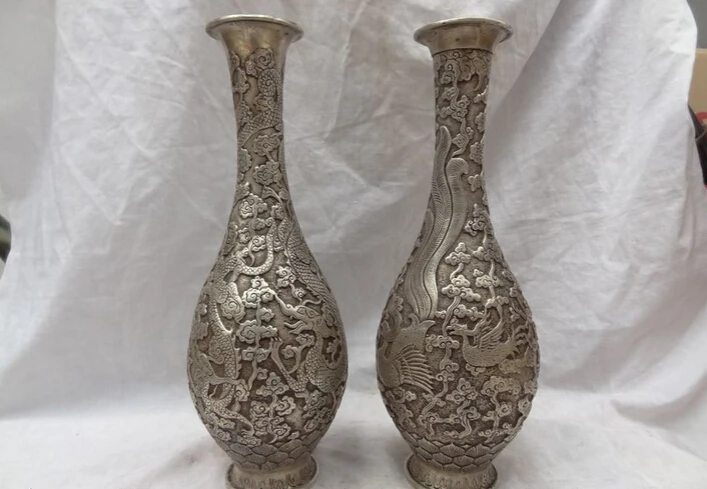 

Collectible bronze S1322 13" Tibet Silver Royal Palace Dragon Phoenix Statue Twin Bronze Pot Vase Pair (B0413)