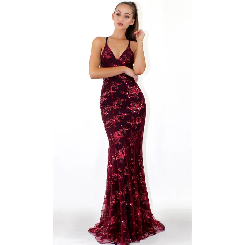 Aimsnug Maxi Dress Women Elegant Long Sequin Long Dress vestido de festa robe longue prom gowns Formal Party Dresses - Цвет: wine red
