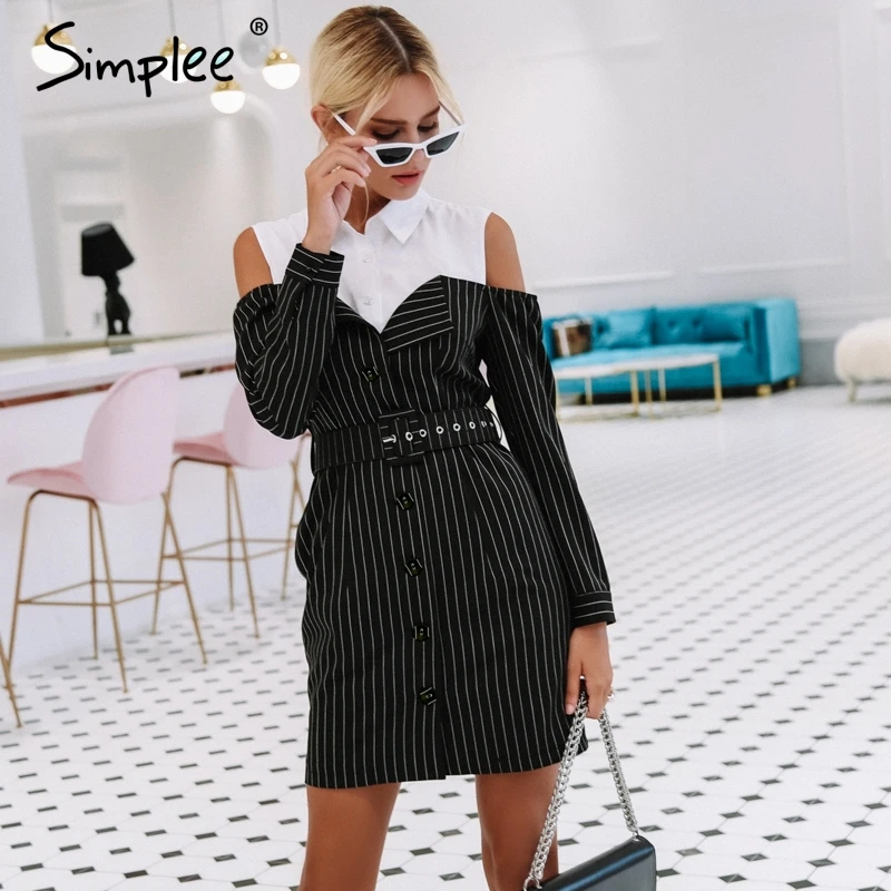Economici Simplee Elegante falso in due pezzi delle donne della banda del vestito Dell ufficio della signora sash manica lunga mini vestito 2018 Autunno inverno blazer camicetta vestito