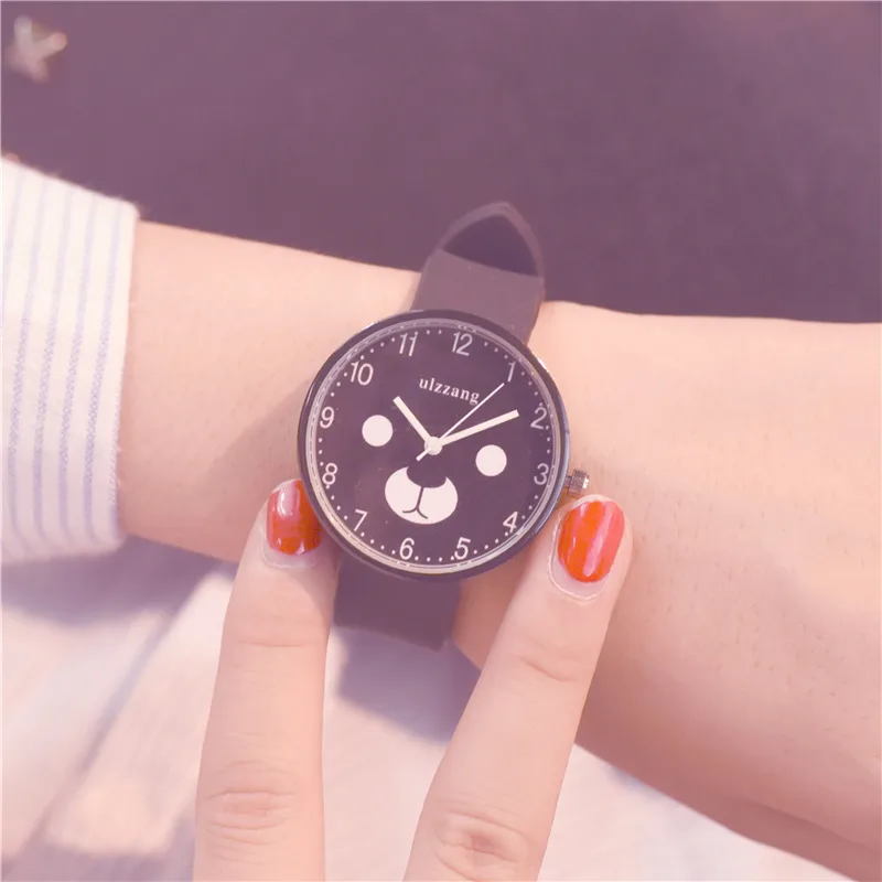 Ulzzang, модные брендовые Детские часы с милым медведем из мультфильма, удобные силиконовые детские кварцевые часы, простые наручные часы для девочек - Цвет: Черный