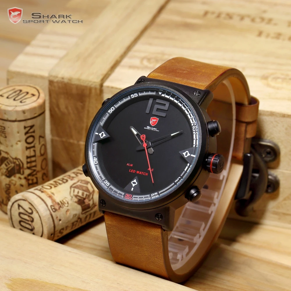 Bluegray Carpet Shark Sport Watch Black Men's Quartz Digital Analog LED Military Brown Leather Watches Relogio Masculino /SH546