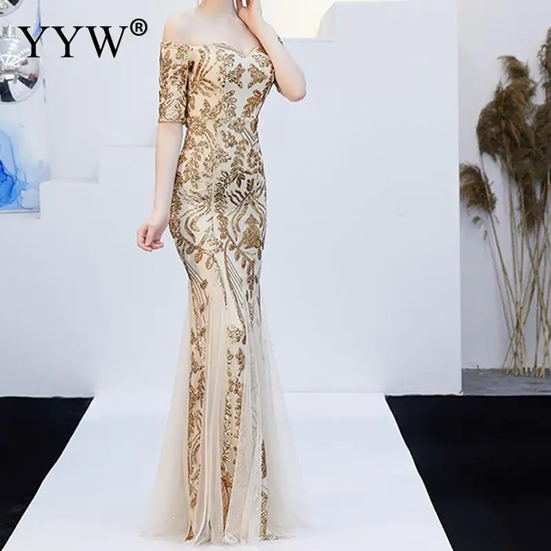 

Fashion Shinny Sequined Elegant Evening Dress Longue Robe De Soiree Slim Mermaid Party Dress Off Shoulder Backless Formal Gowns