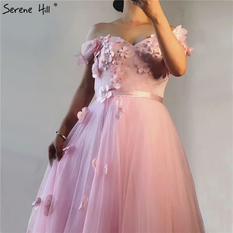 Розовые пляжные Сексуальные вечерние платья с открытыми плечами, украшенные жемчугом, тюлевые вечерние платья ручной работы с цветами 2019