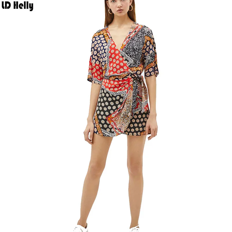 

LD Helly 2019 Summer Women Chic Splice Printed Romper Jumpsuits Cross Bow Tie Irregular V Neck Female Casual Brand Bodysuits