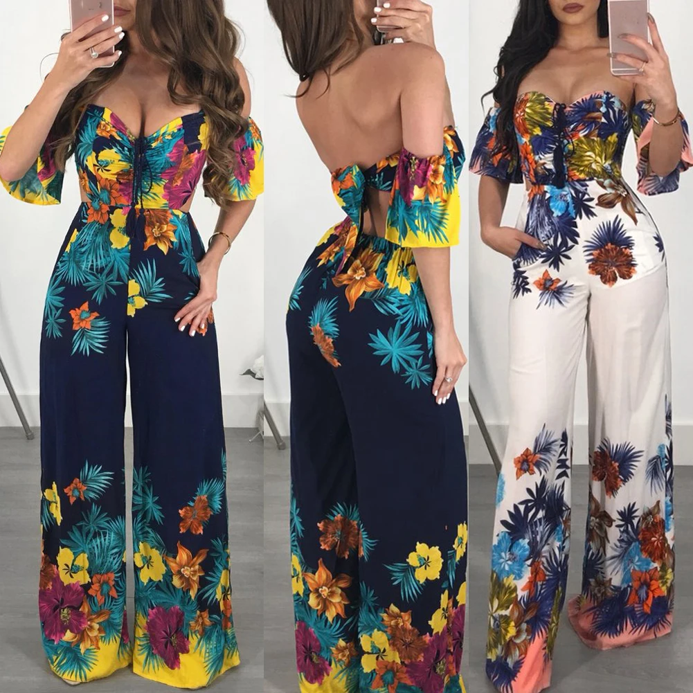 Women Summer Jumpsuit Off Shoulder Backless Bandage Floral One Piece ...