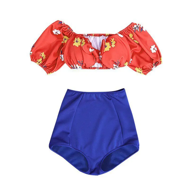

Women Cute Floral Print High Waist Off Shoulder Swimsuit Sexy Gathered Shorts Split Bikini Set