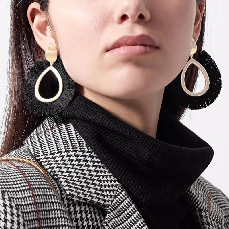 

NEW Boho Black Tassel Earrings Water Drop Shaped Metal Pendant Dangle Earrings for Women Big Party Wedding Jewelry 15 Colors