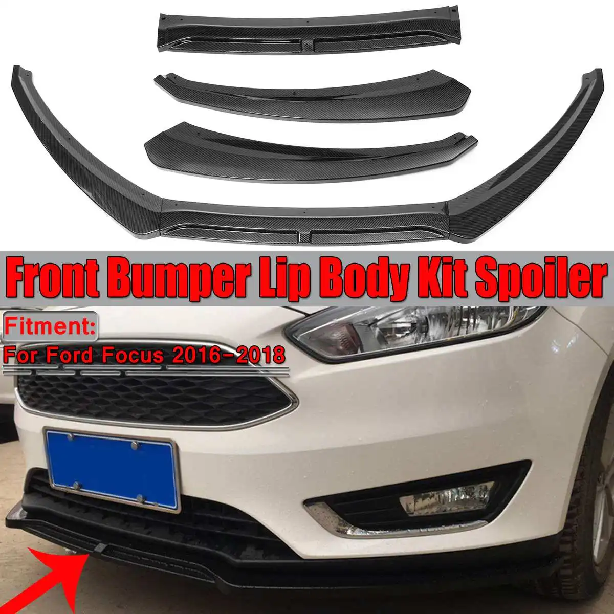 

3Piece Black/Carbon Look Car Front Bumper Lip Splitter Body Kit Spoiler Diffuser Spoiler For Ford For Focus 2016 2017 2018