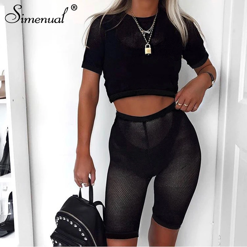 Simenual Mesh Casual Transparent Outfits Women Athleisure 2 Piece Set Solid Crop Top And Biker Shorts Sets Streetwear Summer New