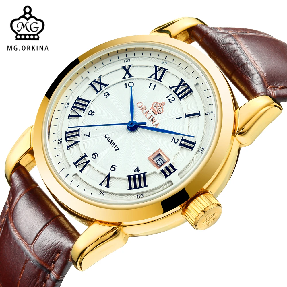 

ORKINA Clock Men Japan Movement Auto Date Male Quartz Wrist Watch Fashion Casual Leather Strap Wristwatch Roman Numeral Orologio