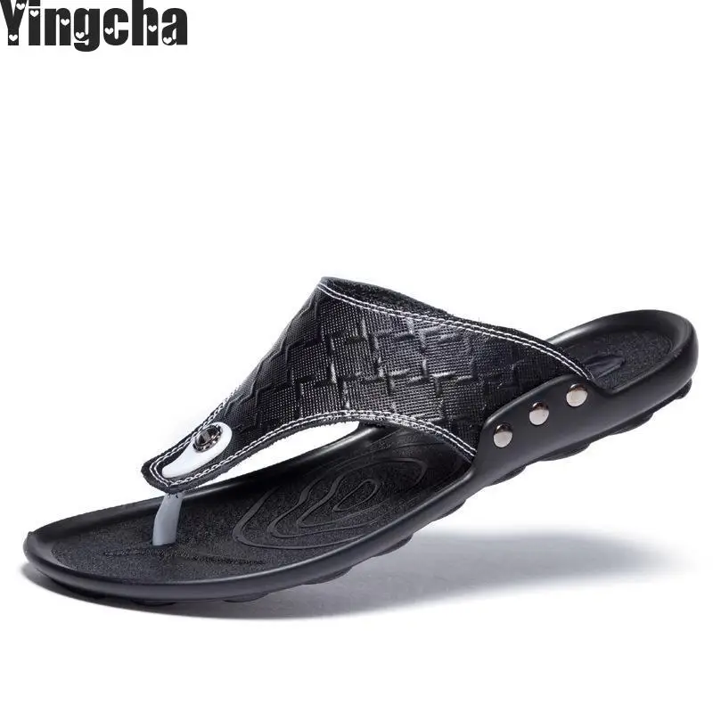 

2018 Brand Summer Beach Flip Flops Men Genuine Leather Slippers Male Flats Sandals Outdoor Rubber Thong Beach Shoes Men Leather