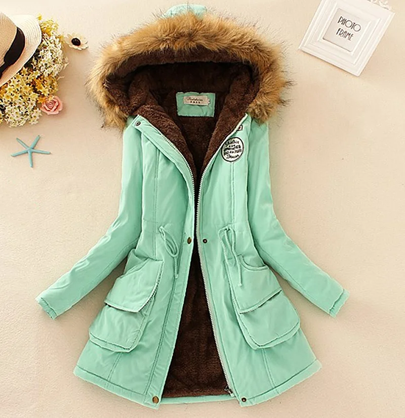 

11 Colors Women Hooded Long Slim Warm Coat Winter Cotton-padded Female Fur Collar Zipper Jacket Outerwear 2016 New Fashion ZP423