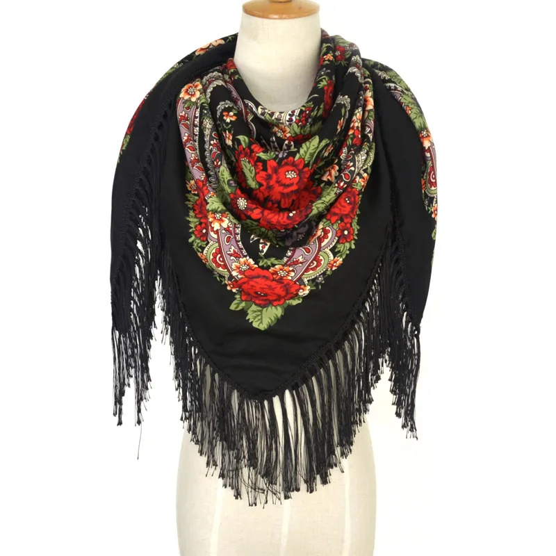 Роскошный брендовый женский шарф с принтом, русский этнический стиль, хлопок, цветочный узор, кисточка, зимний теплый квадратный шарф-одеяло
