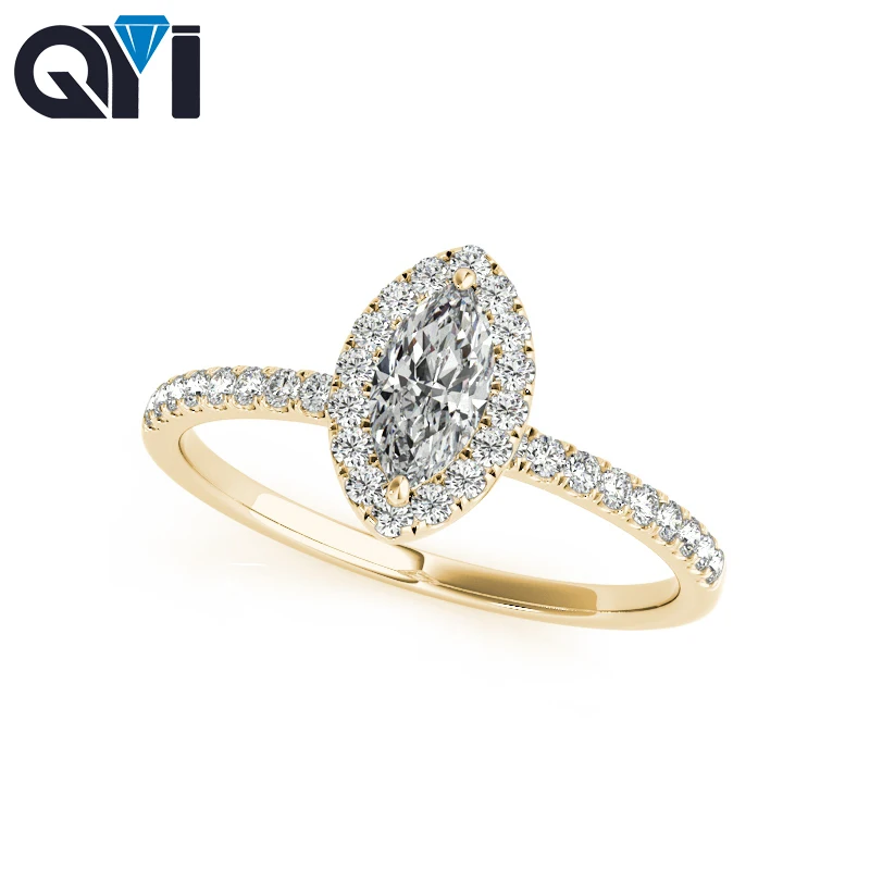 

QYI Halo Rings For Women 14k Yellow Gold 1.2 Ct Marquise Cut Moissanite Diamond Engagement Single Row Band Ring