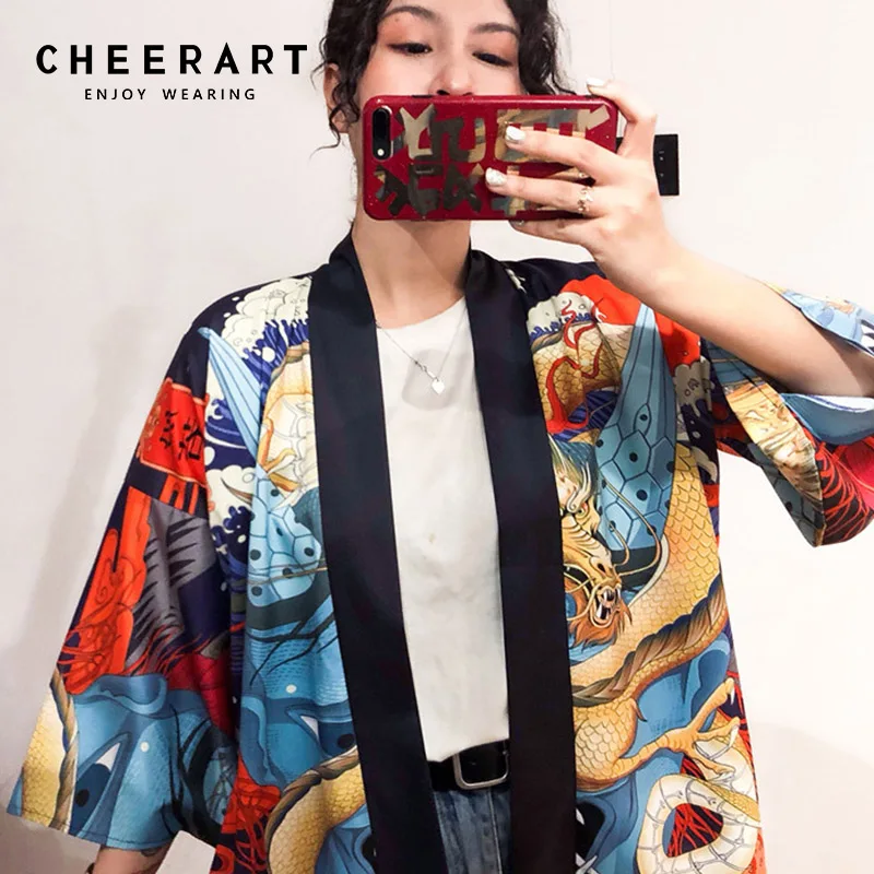 

Cheerart Kimono Cardigan Women Tops And Blouses Japanese Haori Print Summer Vintage Top Japan Style Clothing