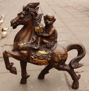 

15"Chinese Bronze Gilt Wealth Money Animal Ma shang Monkey Ride On Horse Statue