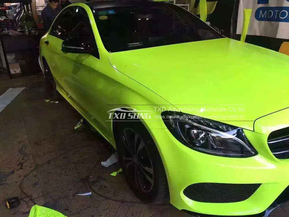 50CM*200CM/300CM Gloss Neon Fluorescent Yellow Vinyl Vehicle Car Wrap Film Sheet Roll with Air Bubbles Free neoprene seat covers