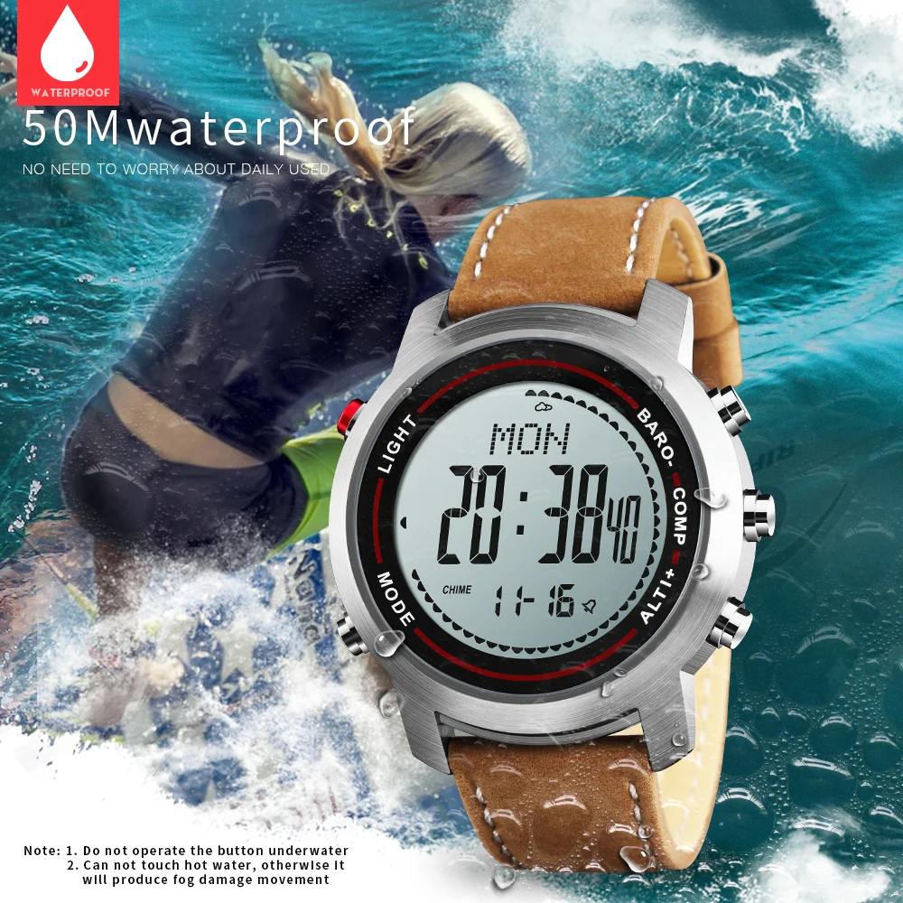 Baratos Banda de cuero de moda para hombre multifunción 5ATM de acero inoxidable Dial montañeer reloj deportivo altímetro barómetro termómetro