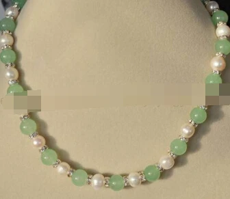 

003209 9-10mm Genuine White Cultured Pearl & Natural Green Round Beads Necklace