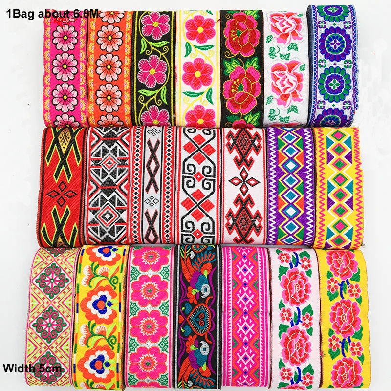 

6.8M/Bag Ethnic Embroidered Jacquard Ribbons Trim Width 5CM Lace Fabric DIY Decoration Handcraft Apparel Sewing Headwear HB190