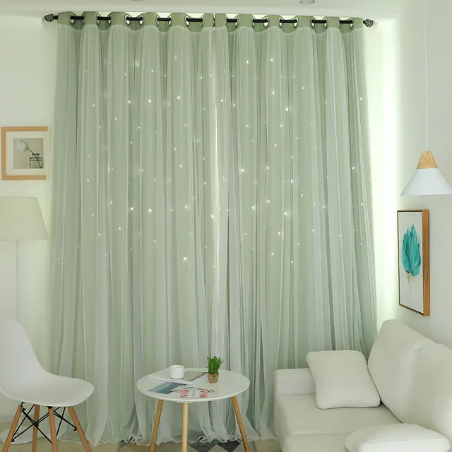 NORNE Hollow Star Thermal Insulated Blackout Curtain for Living Room Bedroom Window Drape Blinds Stitched with White Voile Green