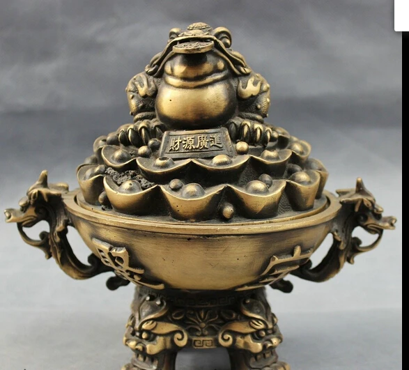 

hui88K776<<<8" Chinese Bronze Coin Hoptoad Dragon Lion Head Statue Incense Burner Censer