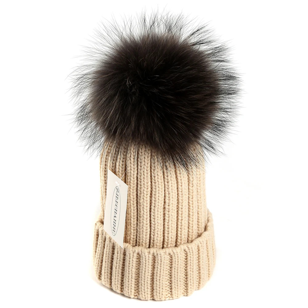 Zjbechahmu Шапки зима натуральным лисьим мехом Pompoms15cm Skullies Hat Для мужчин Для женщин Сплошной шерсть, акрил Snapback Шапки шапки Аксессуары для одежды