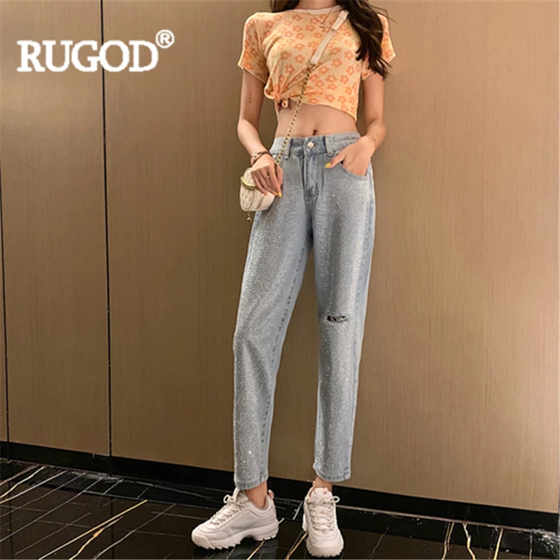 RUGOD Women blue denim pants hole diamond slim high wide leg pants new fashion female jeans femme ripped plus size glitter - Цвет: Синий