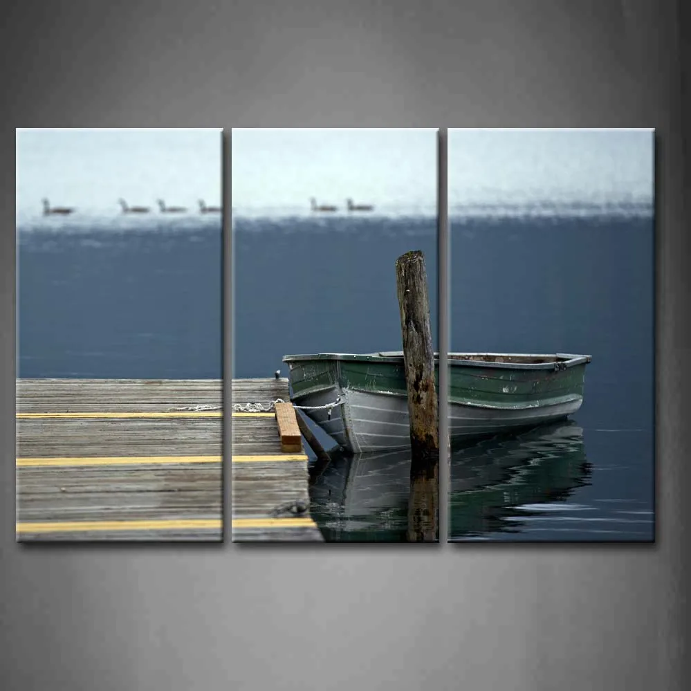 

3 Pieces Framed Wall Art Picture Boat Lake Dock Ducks Canvas Print Artwork Landscape Poster With Wooden Frames For Decor