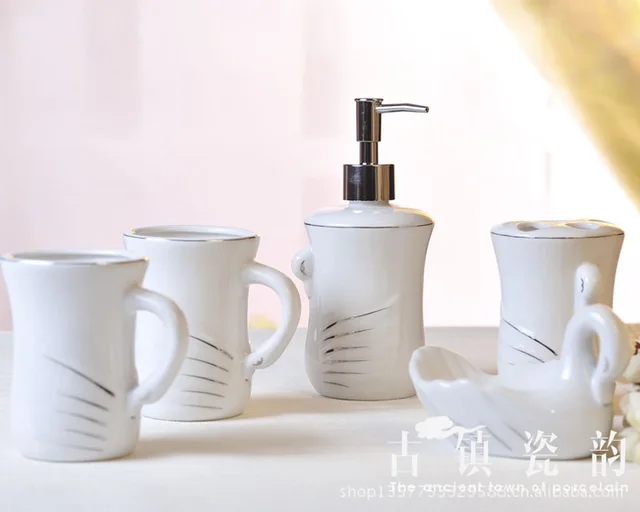 Five Piece Bone China Ceramic Bathroom Set Simplicity White Five Piece Bone China Ceramic Bathroom Set Simplicity White Porcelain Amenities Toothbrush Holder